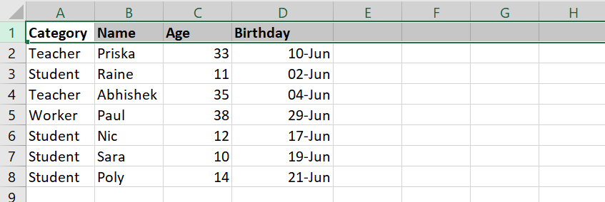 Birthday Excel Sheet